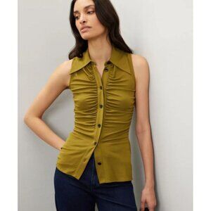 Proenza Schouler White Label Sleeveless Ruched Button-Up Olive Green Viscose Top